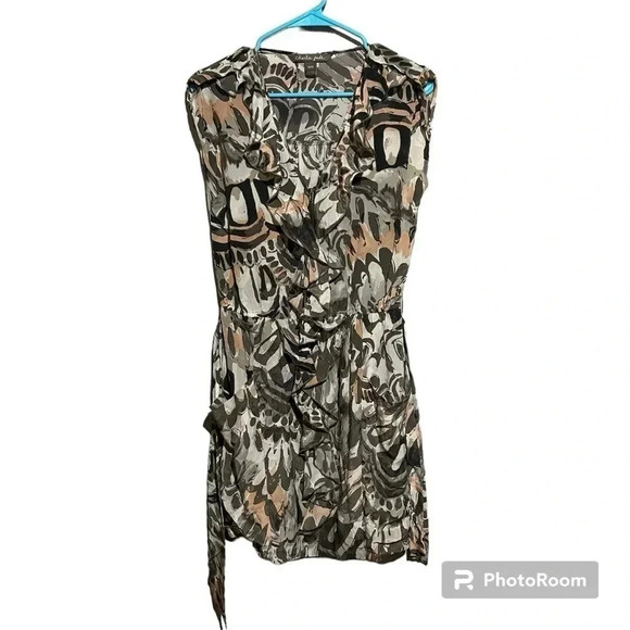 Charlie Jade 100% Silk Dress Tie Waist Ruffle Zip Front Abstract Pockets Size M - Picture 1 of 14